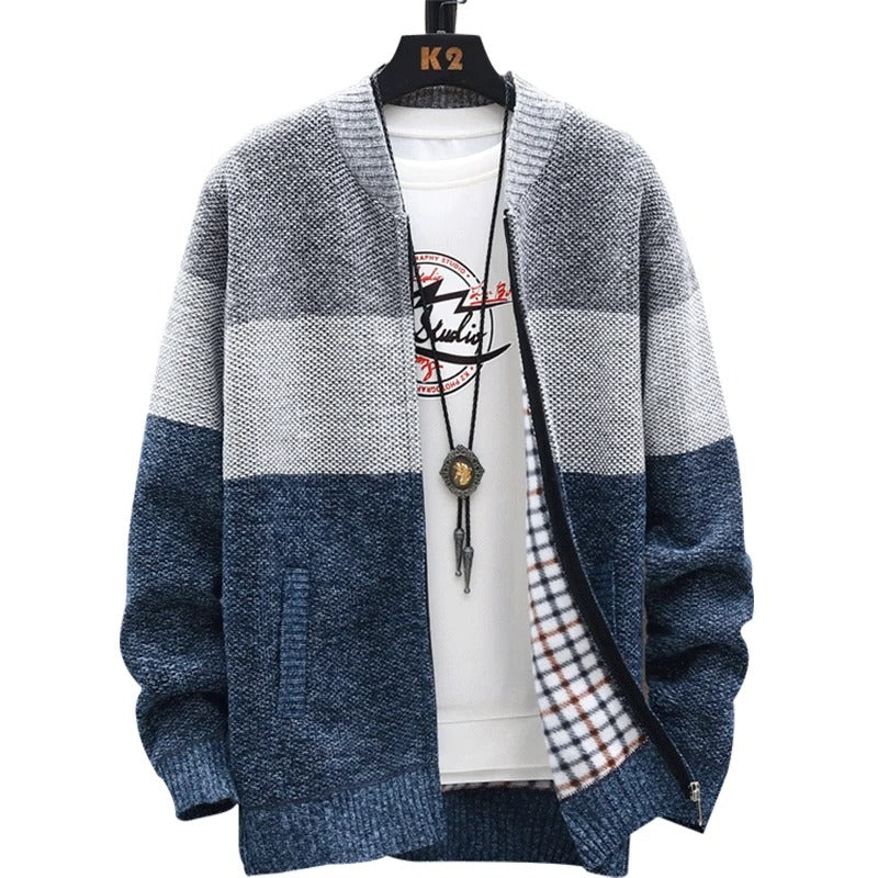 Herre cardigan med glidelås og kontraststriper i casual stil for menn.