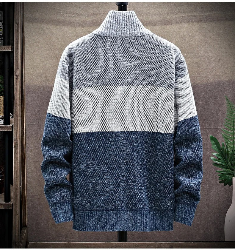 Komfortabel herrecardigan med glidelås, mandarinkrage og kontraststriper, et allsidig hverdagsplagg.