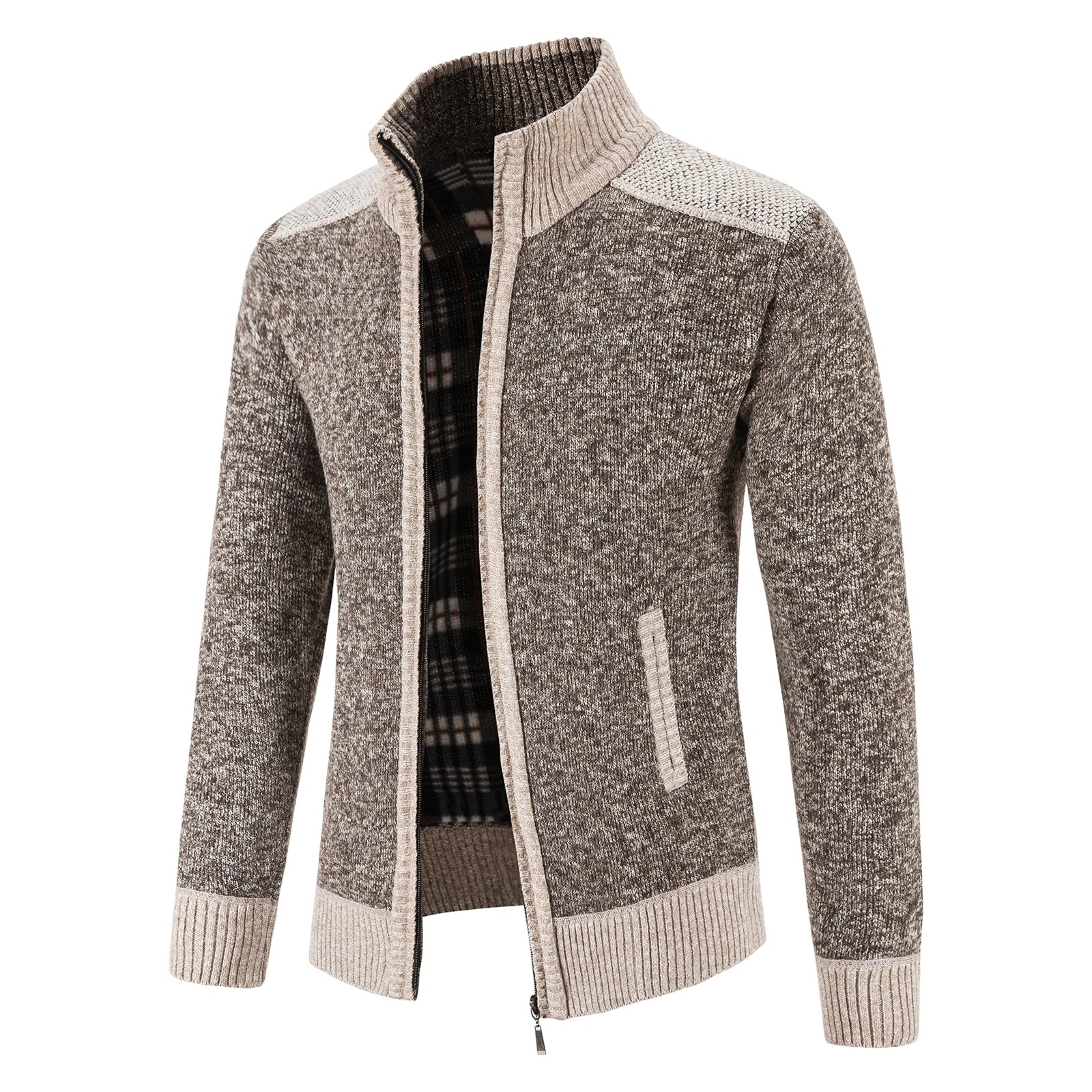 Herre cardigan med unikt patchwork design for høst og vinter. Komfortabel og uformell strikkejakke i normal passform.