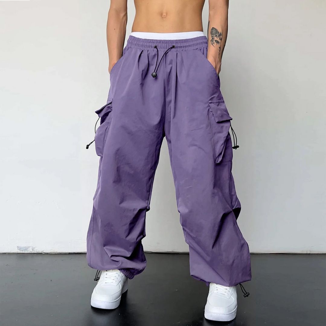 Mørke herre cargo joggers for menn; myke og komfortable fritidsbukser med elastisk midje.