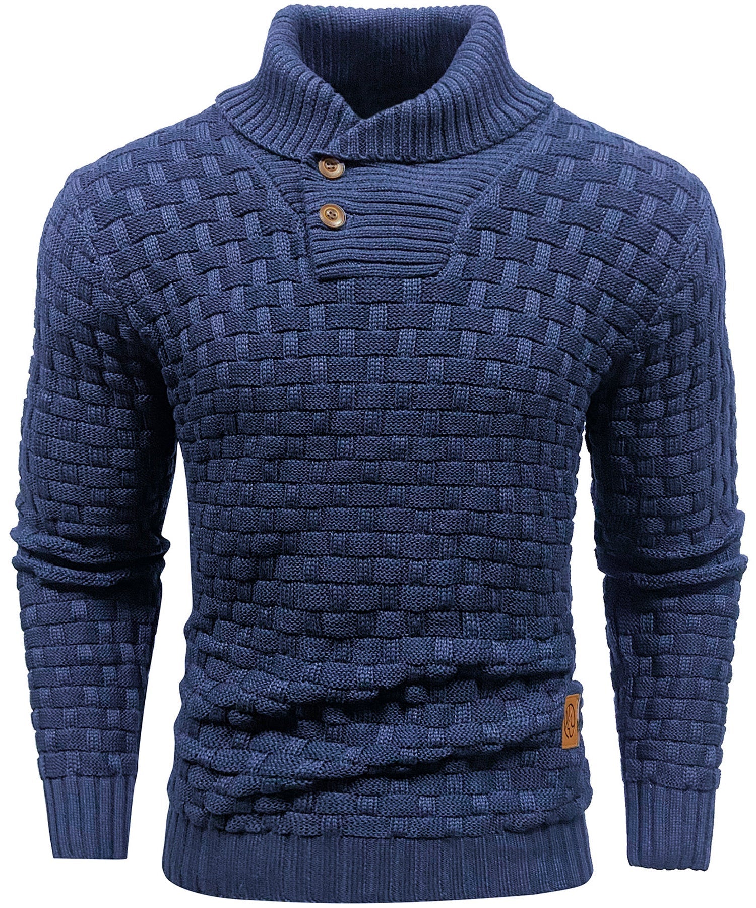 Høyhalset pullover for herrer, med unik strikketekstur. Varm og elegant design.