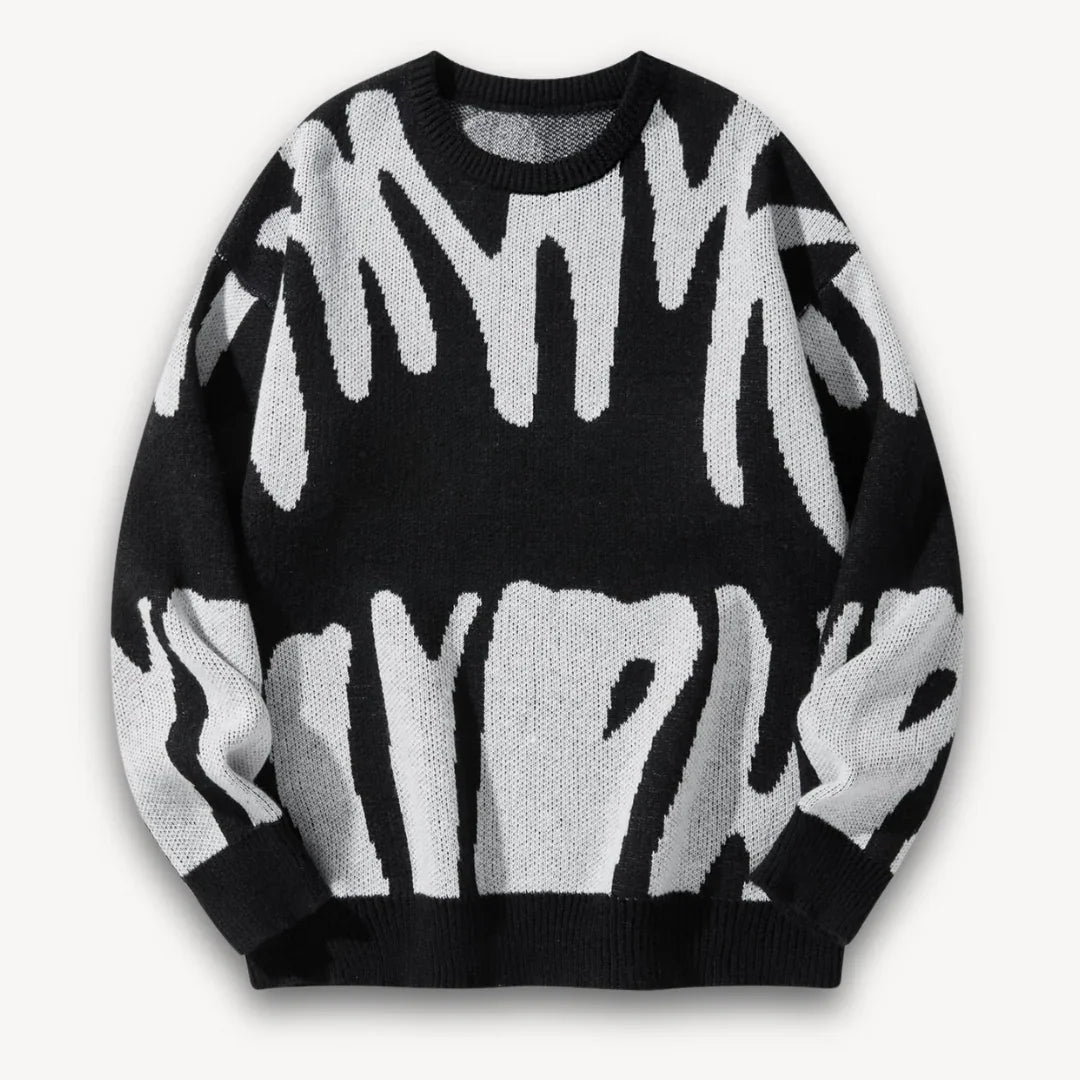 Moderne herre genser med abstrakt grafisk design i strikk. Rundhals, gir stil og komfort om høsten.