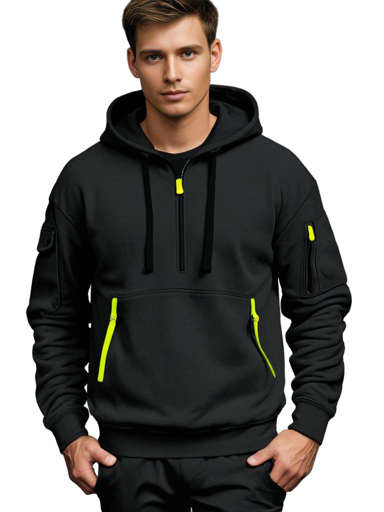 Avslappet herrehoodie med halv glidelås. Komfortabel hettegenser med hette og snøring. Allsidig fritidsklær.