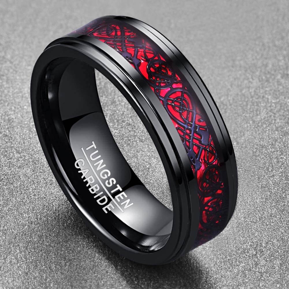 Mote-ring for herre, keltisk drage i wolframkarbid. Robust og elegant tilbehør.