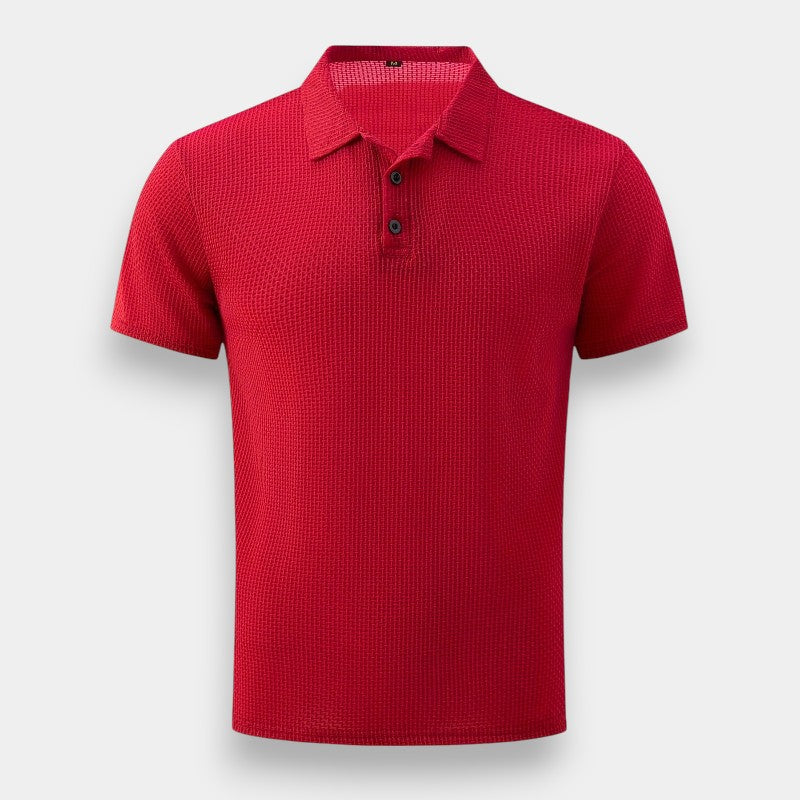 Stilren herre golfskjorte med geometrisk mønster. Kortermet sportsskjorte i nylon/spandex med reverskrage.