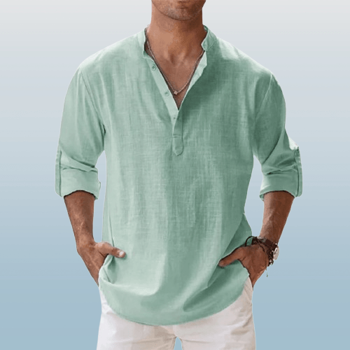 Klassisk hvit langermet henley for menn. Pustende bomull perfekt for fritid, vår og sommerkomfort.