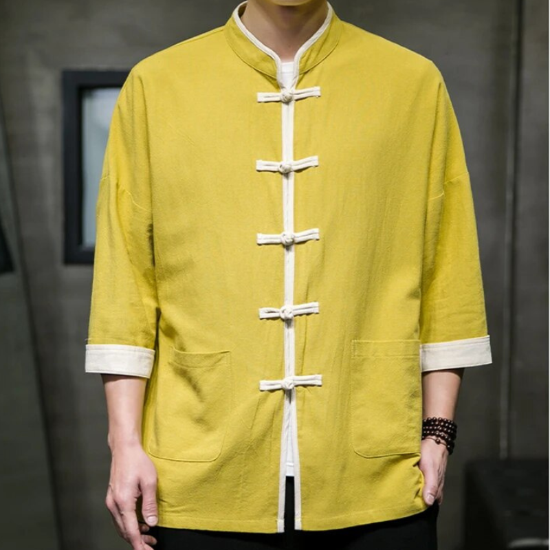 Gul herre overskjorte i japansk stil. Minimalistisk design, perfekt som en kul langermet vår-/sommerskjorte.