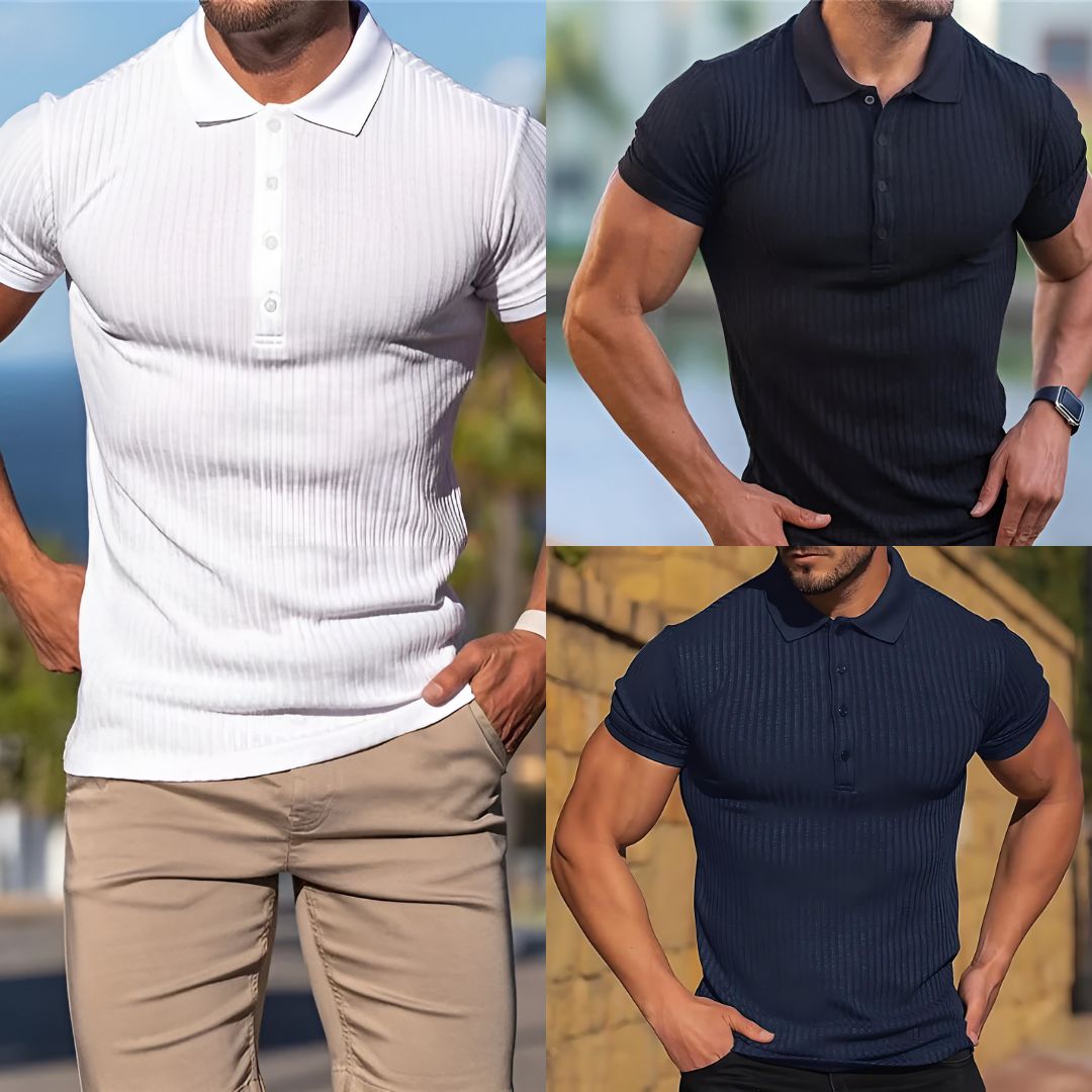 Menns stilfulle ribbet chiffon polo. Elegant t-skjorte for menn, perfekt for en komfortabel sommerstil.