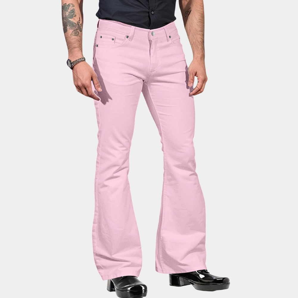 Komfortable herrebukser med stretch og retro flare-passform. Perfekt for både hverdag og fest.