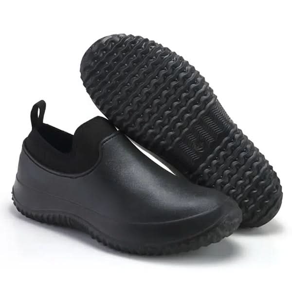 Slitesterke herre slip-on arbeidssko; vanntett, sklisikker komfort for industri, bygg og hage. Enkle å ta på.