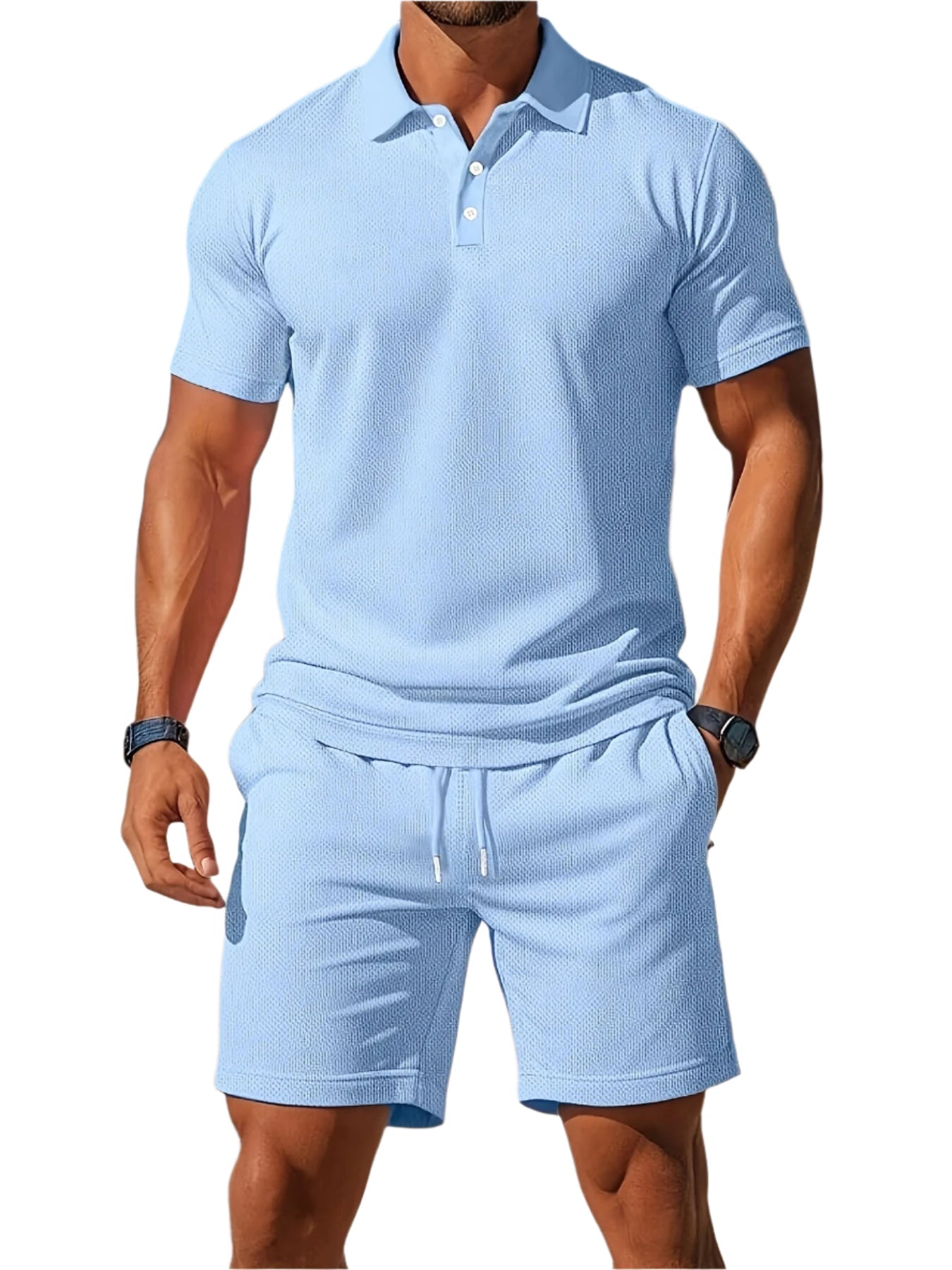Herre sommersett med pustende polo og komfortabel shorts, perfekt for fritid og en avslappet sommerstil.