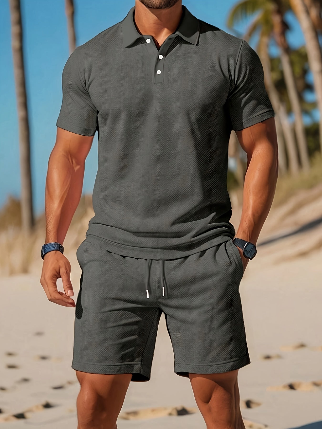 Detaljbilde av komfortabel herreshorts fra sommersett, med pustende materiale og ton-i-ton design for sommer.