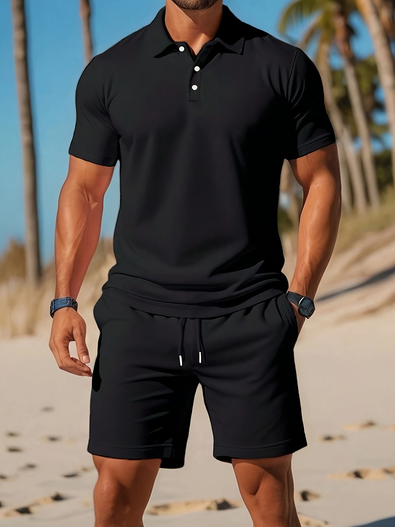 Brettet herre sommersett med matchende polo og shorts. Pustende og komfortabelt fritidsklær for sommeren.