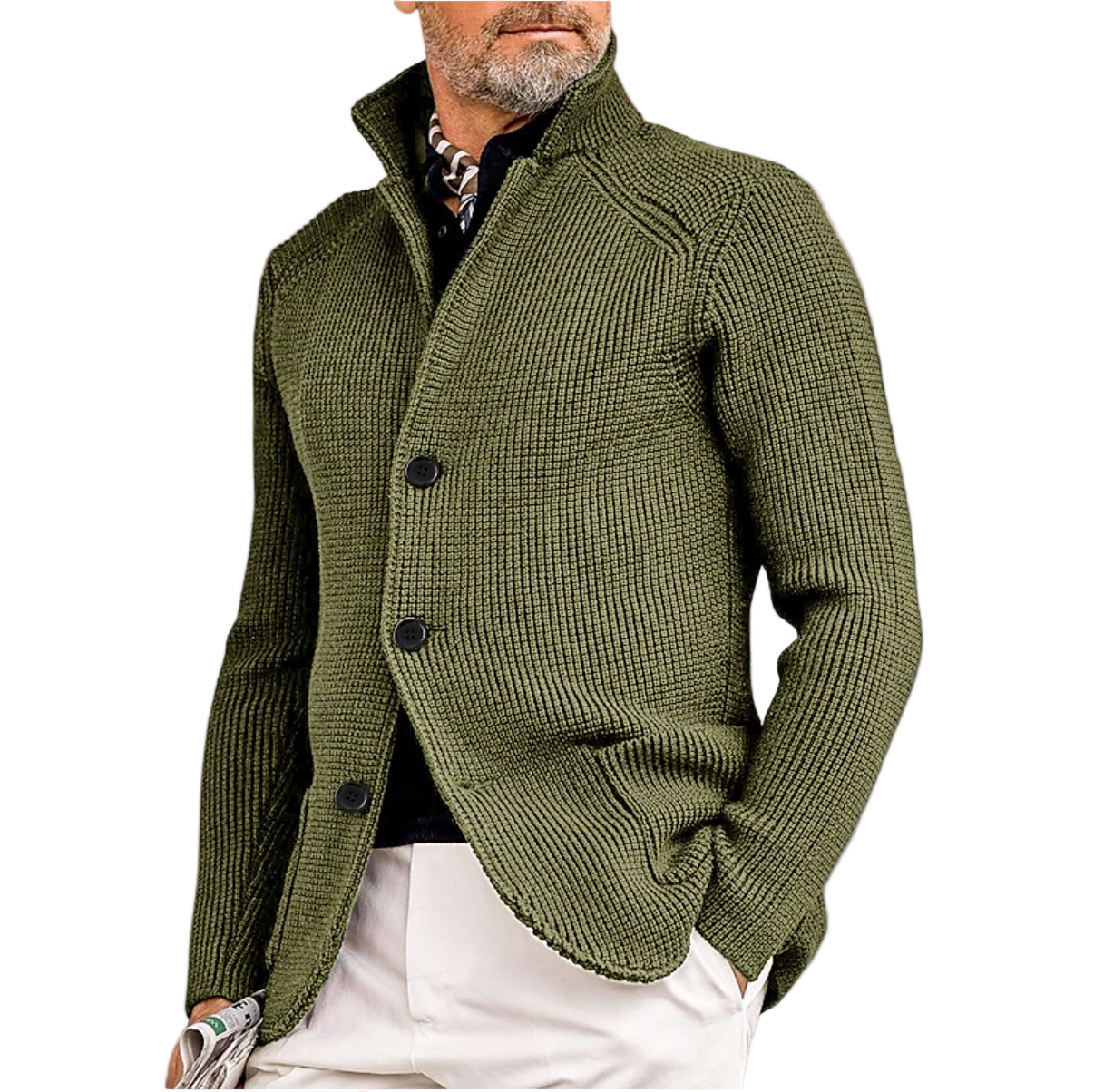 Herre strikket cardigan, ribbet tekstur, høy krage og knappelukking. Ideell for høst og vintermote.