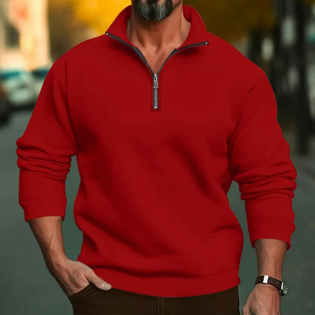 Detaljer om mansjetter og lange ermer på stilfull herre sweatshirt med halv glidelås.