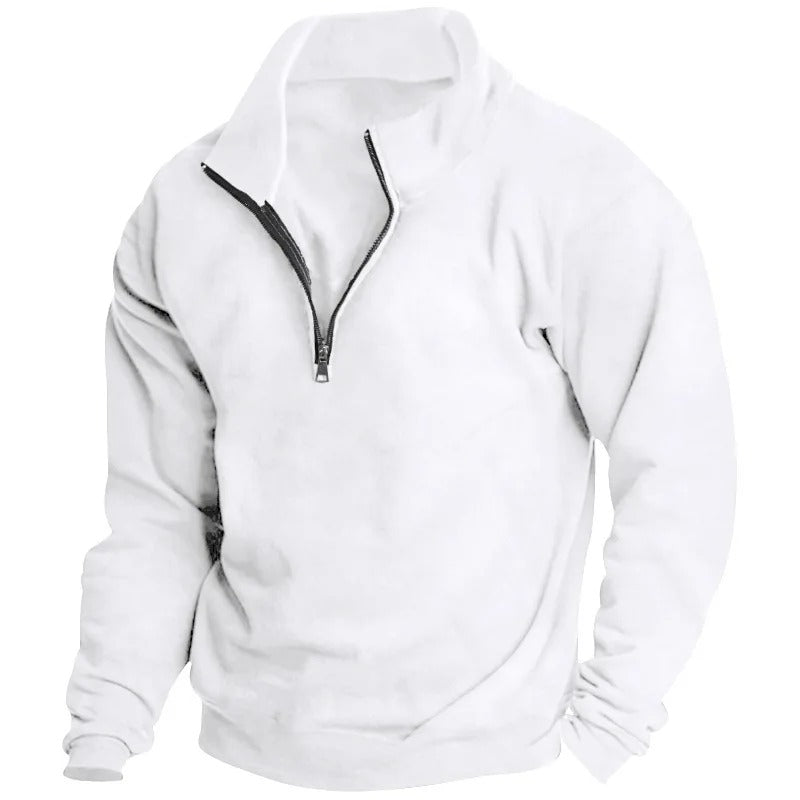 Bakfra-bilde av klassisk herre sweatshirt med halv glidelås, viser mykt stoff og passform.