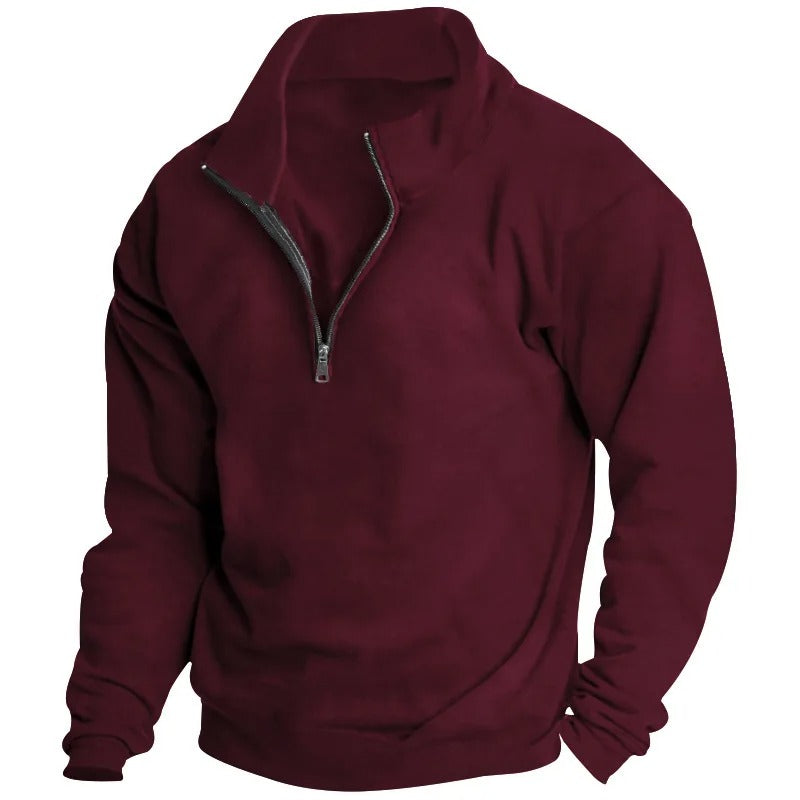 Sideprofil av langermet herre sweatshirt med halv glidelås, allsidig og behagelig herregenser.