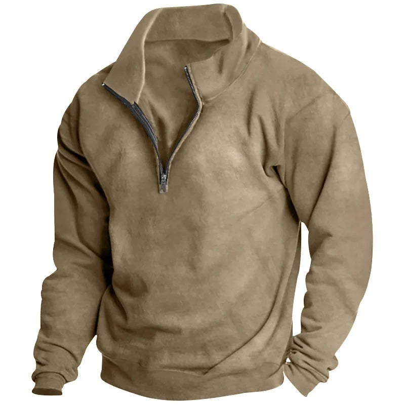 Nærbilde av stofftekstur på myk herre sweatshirt med halv glidelås, sikrer komfort.