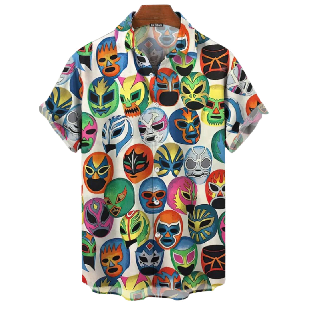Herre t-skjorte med løs passform og fargerikt kunstnerisk design, perfekt for sommer, festival og uformell stil.