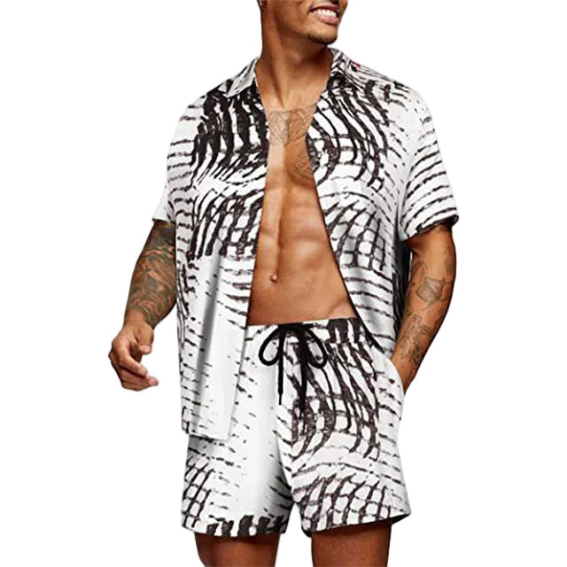 Herre to-delt sommersett: kortermet skjorte & shorts. Avslappet stil, abstrakt design, perfekt for ferie & strandmote.