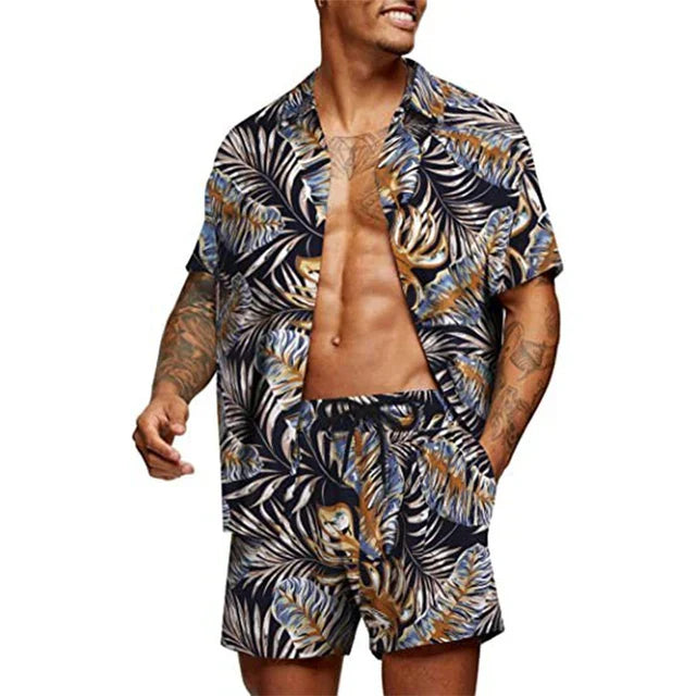 Herre to-delt antrekk, kortermet skjorte og shorts. Trendy abstrakt design for varmt vær, ferie og reiseklær.