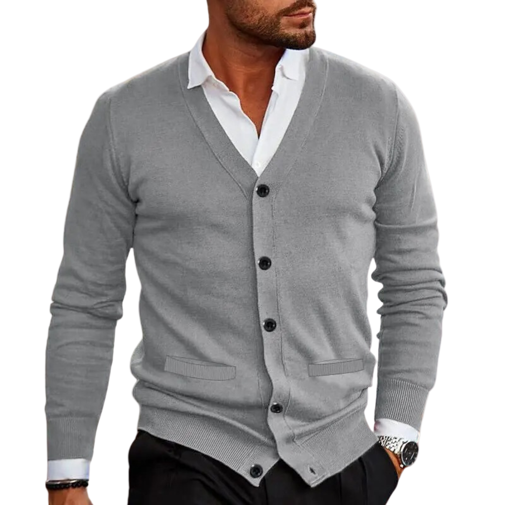 Herre V-hals cardigan med knapper, klassisk og stilfull for hverdag og kontor.