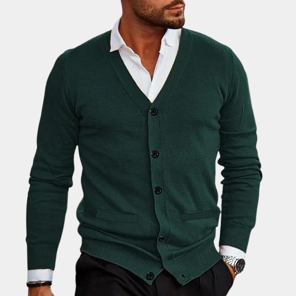 Elegant herre V-hals cardigan med knapper, ideell for stilfull kontorstil og avslappet fritid.