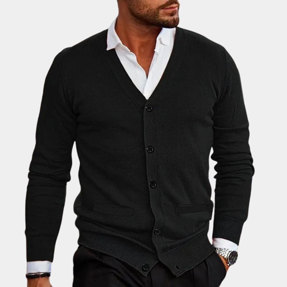 Allsidig herre V-hals cardigan med knapper, perfekt for høst og vinter, lett å kombinere.