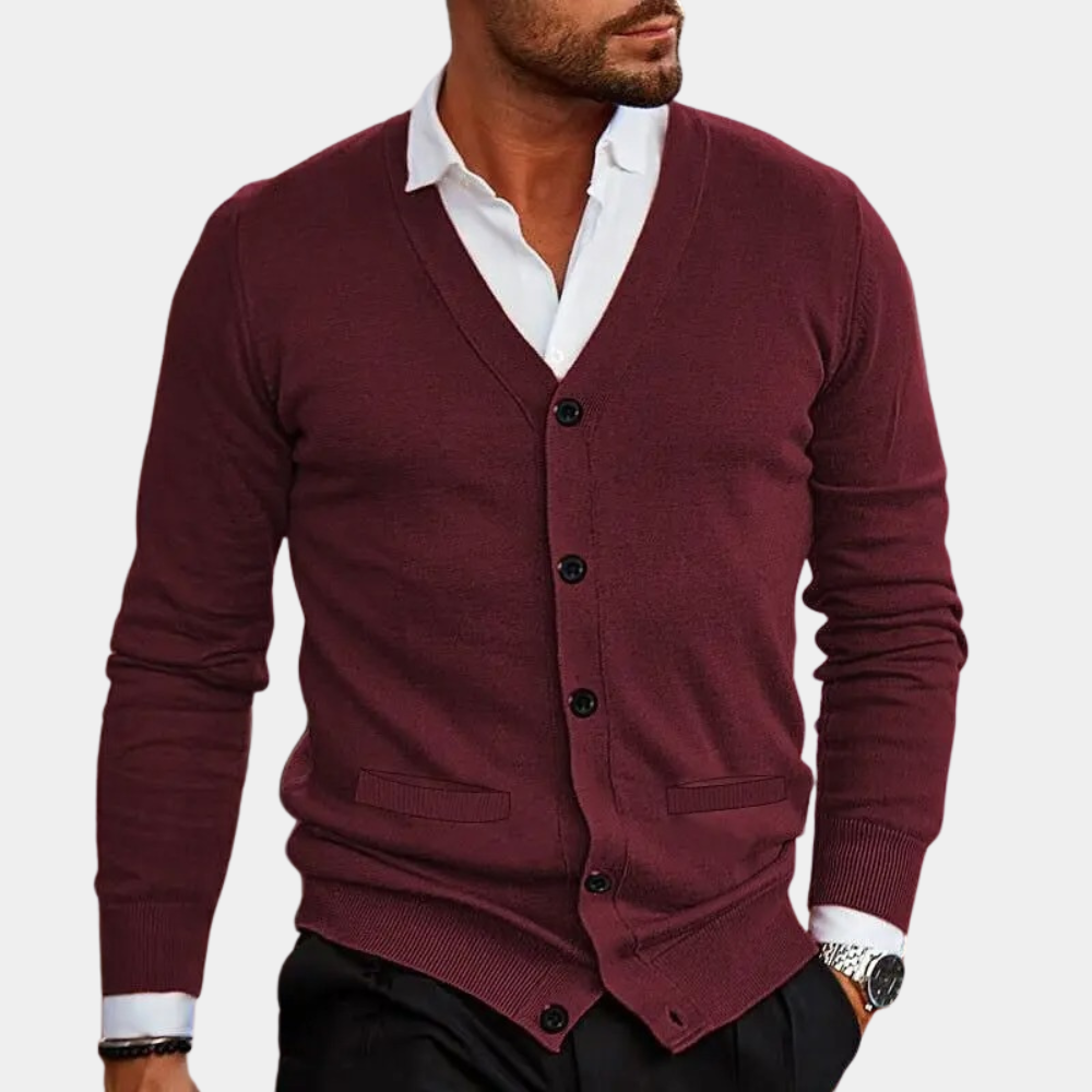 Avslappet herrecardigan med V-hals og knapper, ideell for moderne herreklær, passer til kontor og fritid.