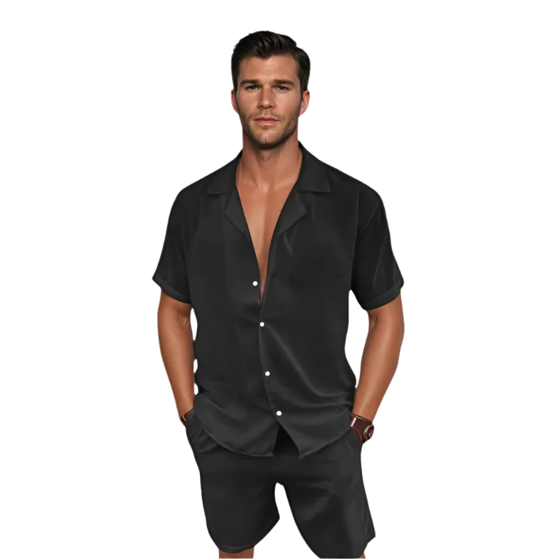 Herre V-hals skjorte og shorts sett. Komfortabelt kortermet sommerantrekk for menn, perfekt for avslappet stil.
