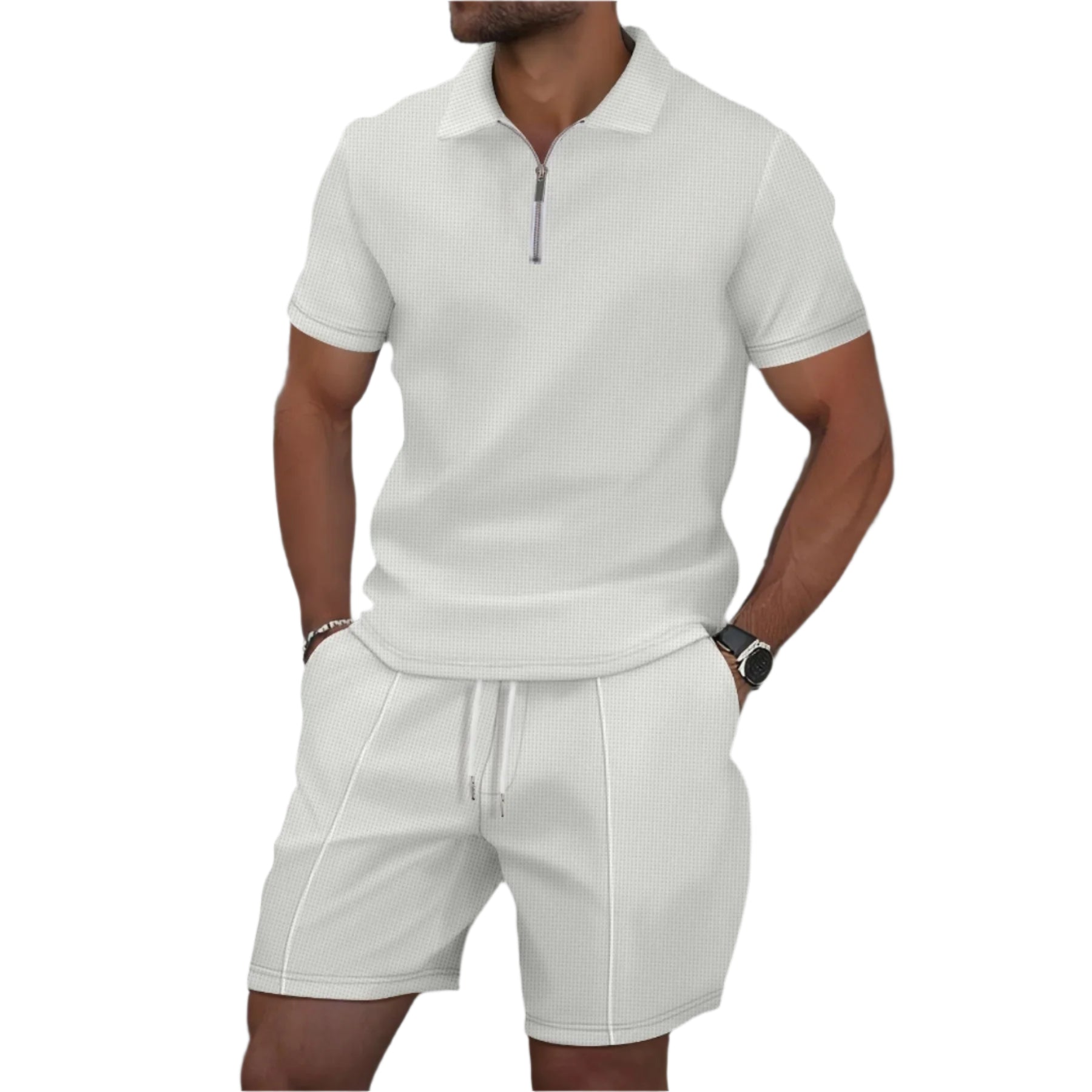 Herre waffle zip-up sommersett i avslappet stil. Todelt sett med shorts og overdel for komfortabel fritidsklær.