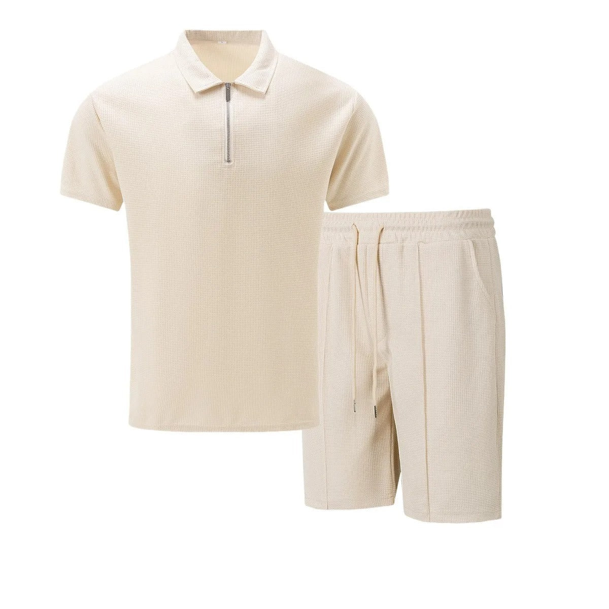 Svart herre waffle zip-up sommersett. Elegant todelt sett for en komfortabel og moderne sommerstil.
