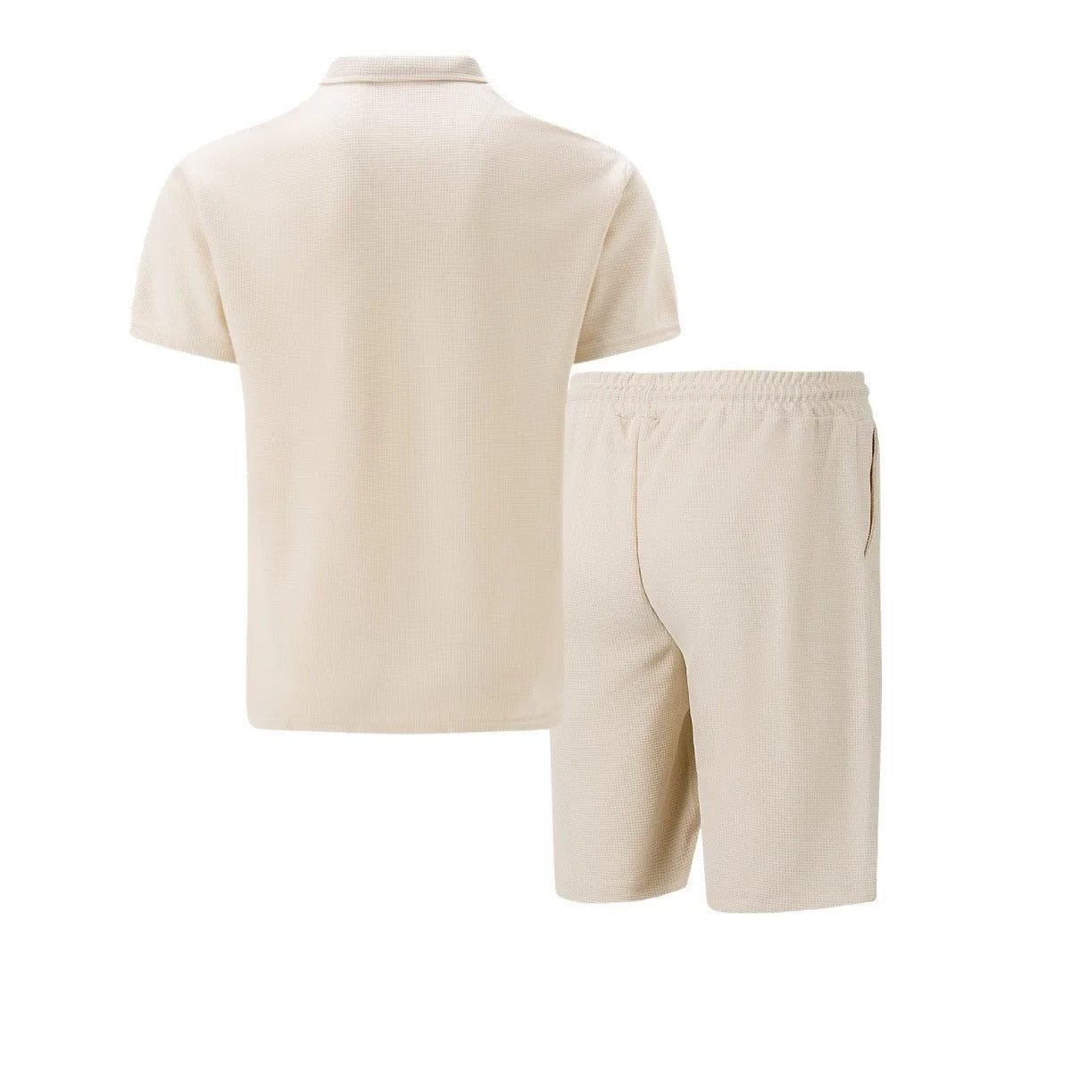 Blått herre waffle zip-up sommersett. Komfortabelt shorts sett, perfekt for avslappet fritidsklær om sommeren.
