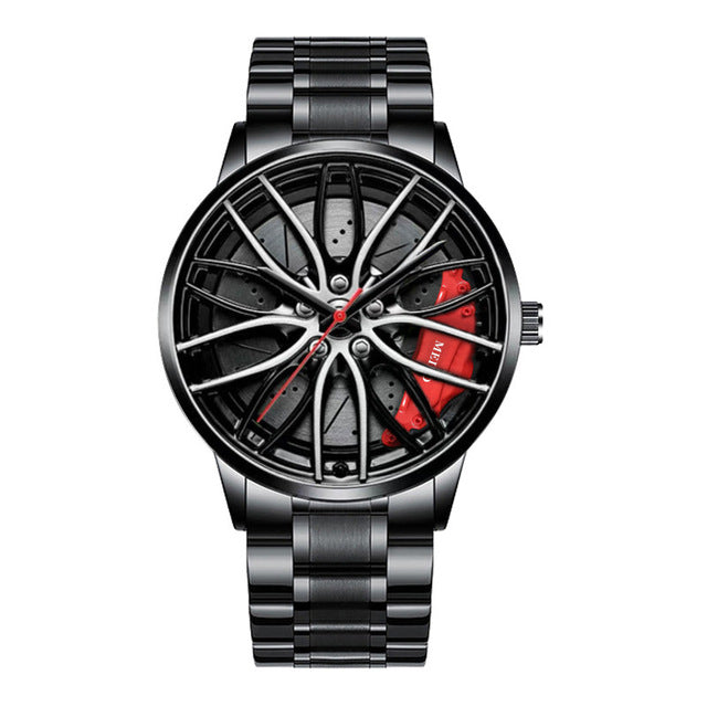 Herrearmbåndsur med racerbilinspirert design, sort urskive og sporty utseende for menn.