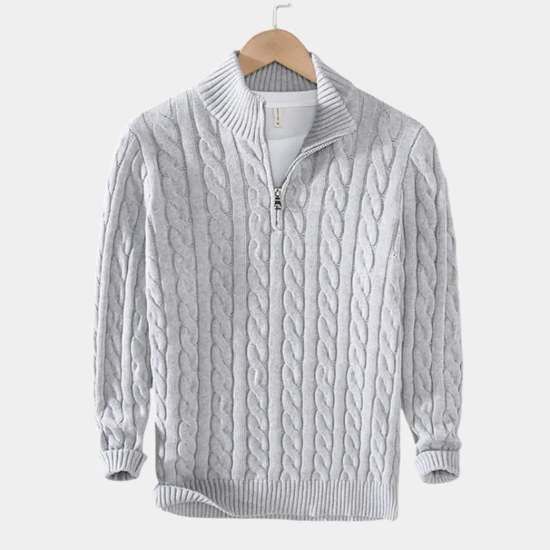 Stilren herre genser med halv glidelås, egnet for en elegant overdel i formelle eller uformelle settinger.
