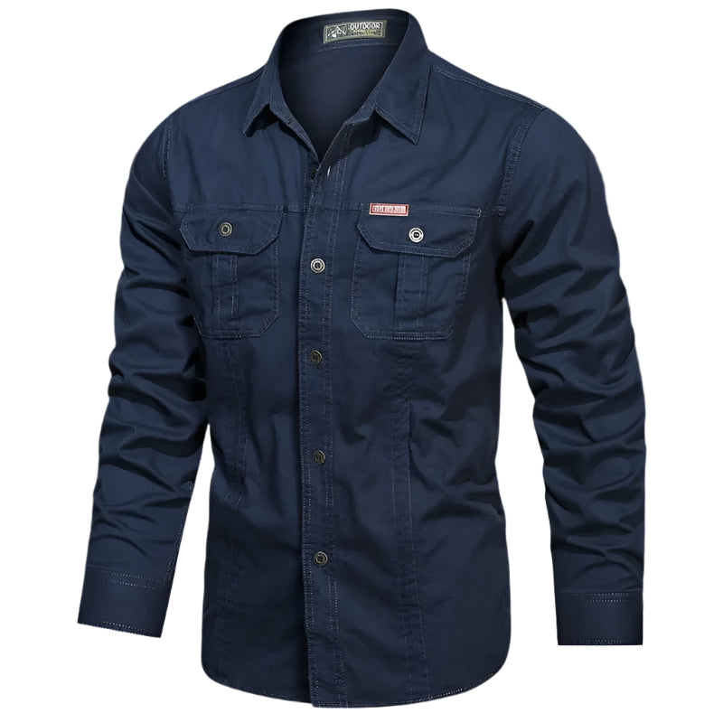 Stilig herre cargoshirt i bomull med lange ermer i blå, med flere cargolommer, perfekt for hverdagslooken