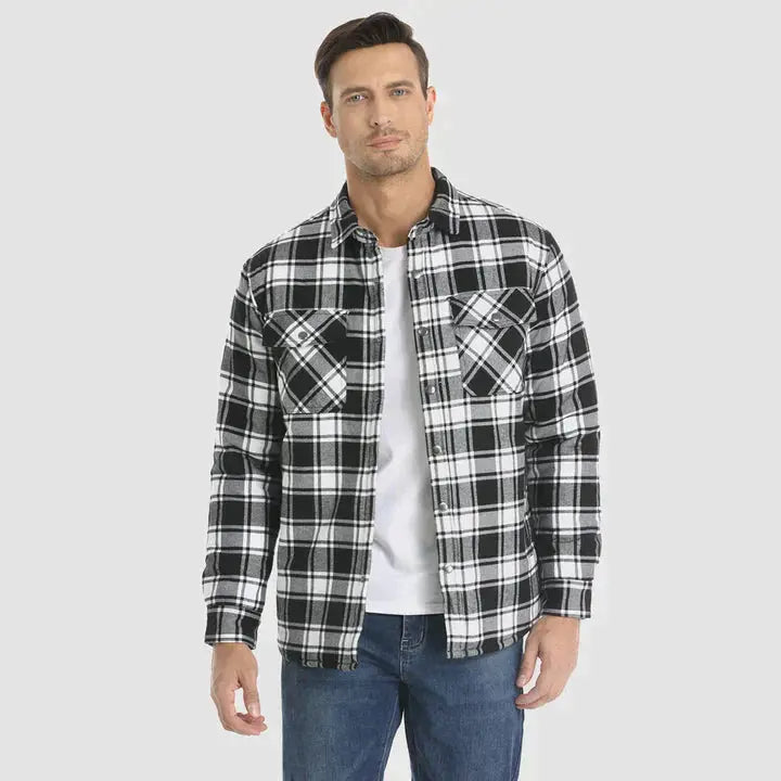 Rutete herre skjorte-blazer med lange ermer, ideell for bĂĄde forretnings- og fritidsbruk.