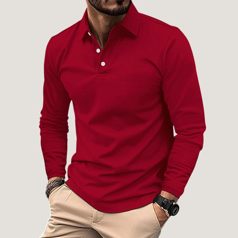 Nahaufnahme vom Kragen eines Herren Langarm Polo-Shirts, klassisches Design & hochwertige Herrenmode