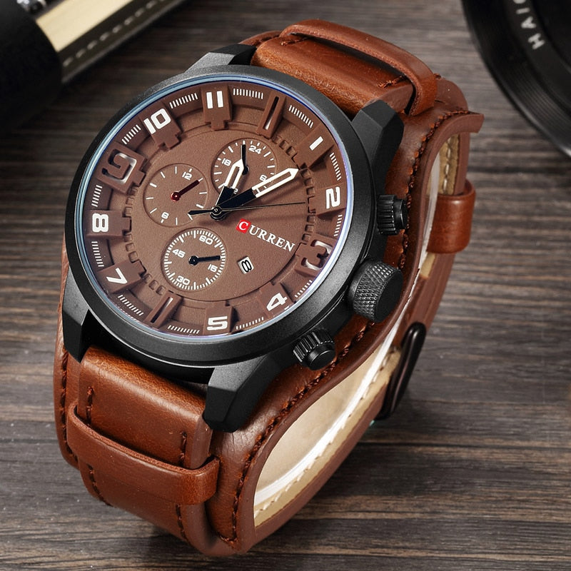 Klassisk herre armbåndsur Navigator Kvarts, vanntett, med brun ekte lærreim
