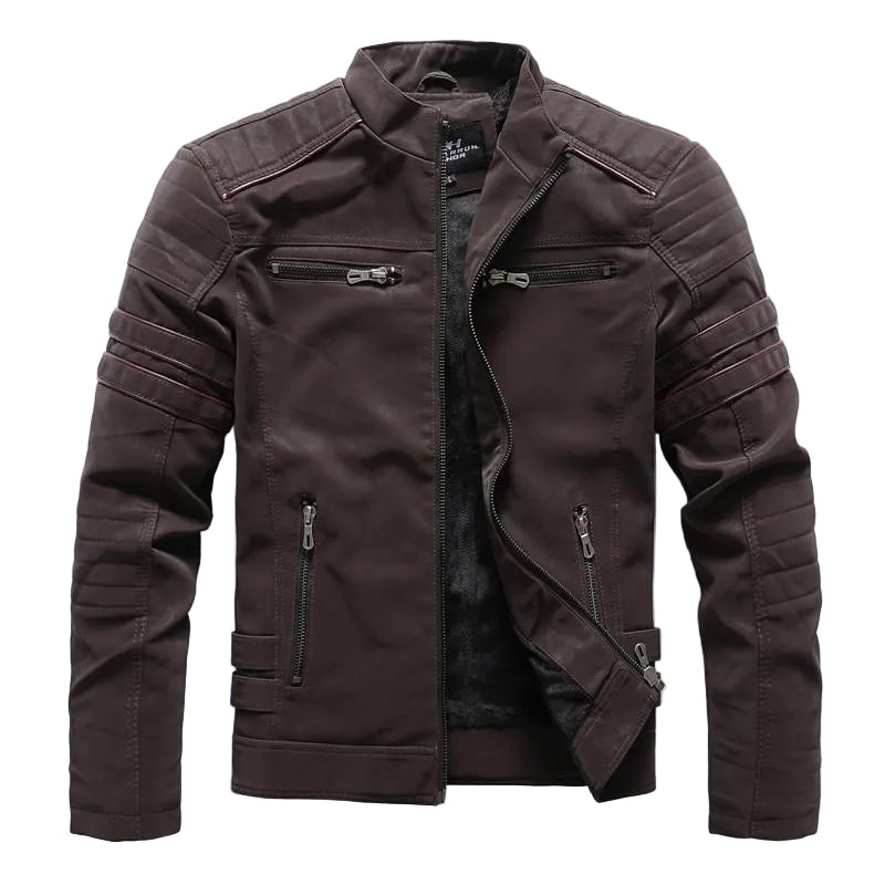 Herren Motorradjacke aus schwarzem Kunstleder mit Stehkragen, ideal fĂĽr Biker und Freizeit.