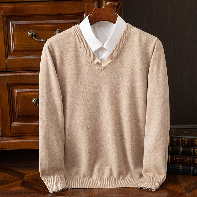 Vielseitiger Herrenpullover aus Merinowolle mit V-Ausschnitt, Grau meliert, Smart-Casual Look