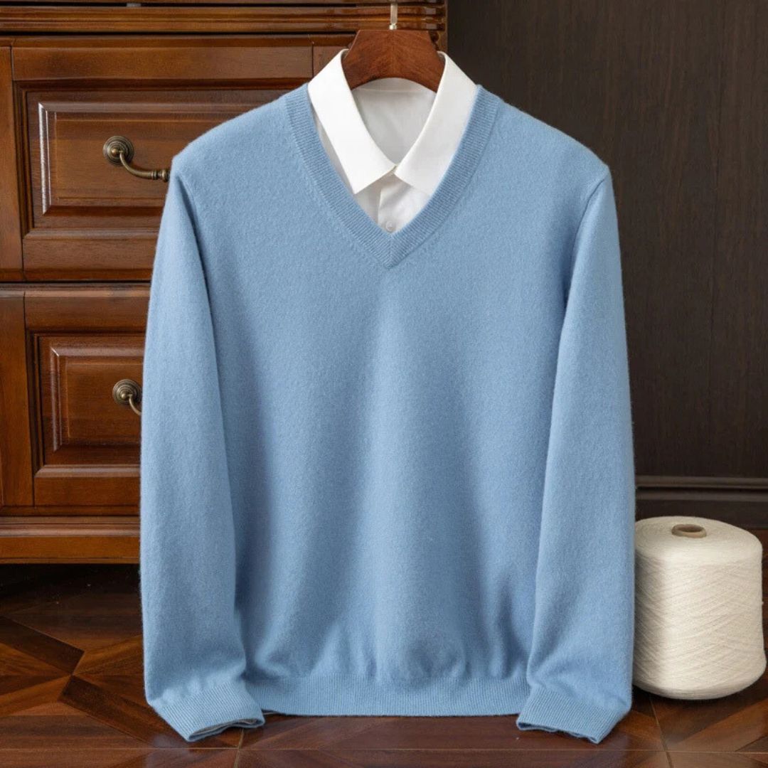 Eleganter Herren Merinowolle V-Ausschnitt Pullover in Dunkelblau, Feinstrick fĂĽr Herbst/Winter