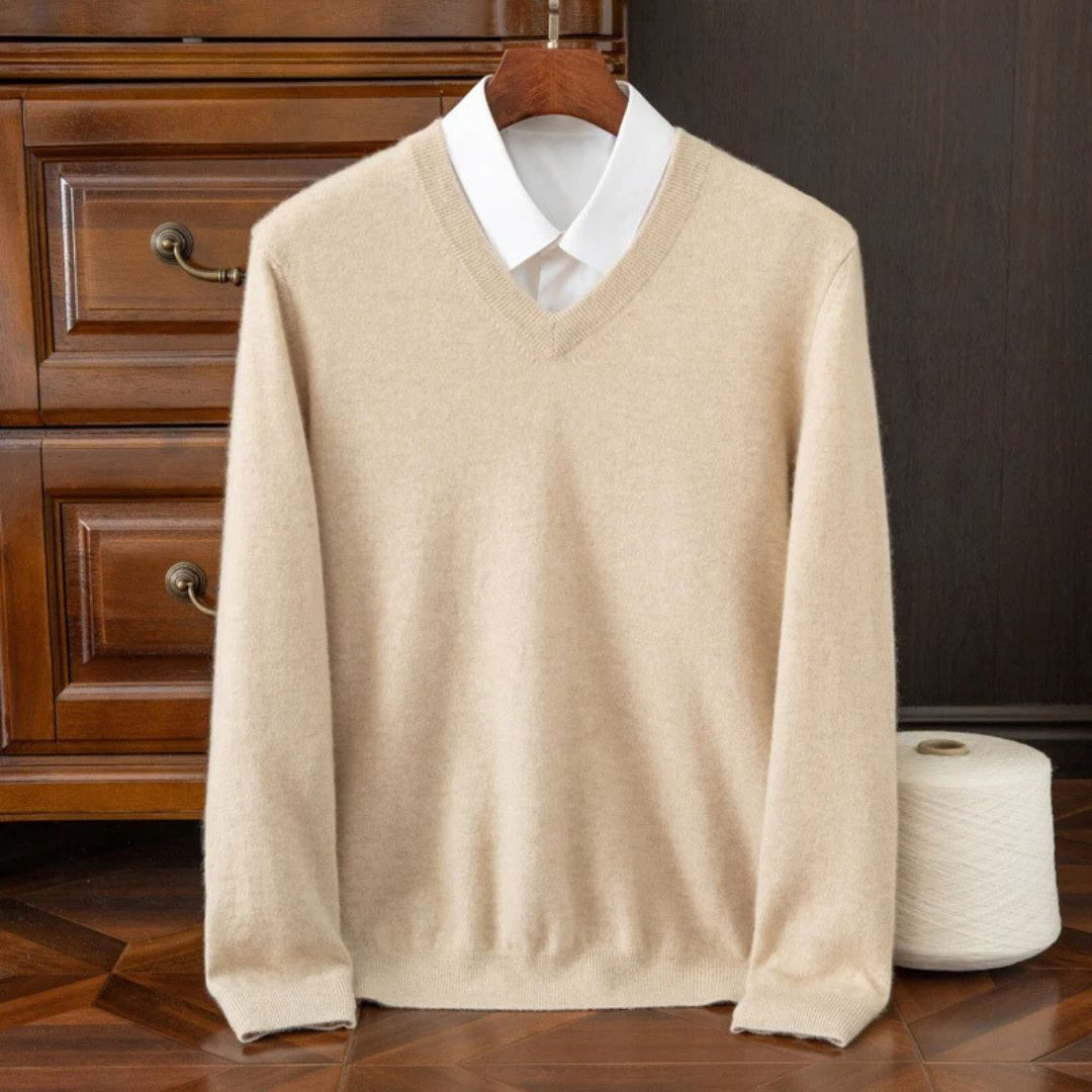 Beiger Herren Merinowolle Pullover mit V-Ausschnitt, leicht und wärmend, Herbstmode