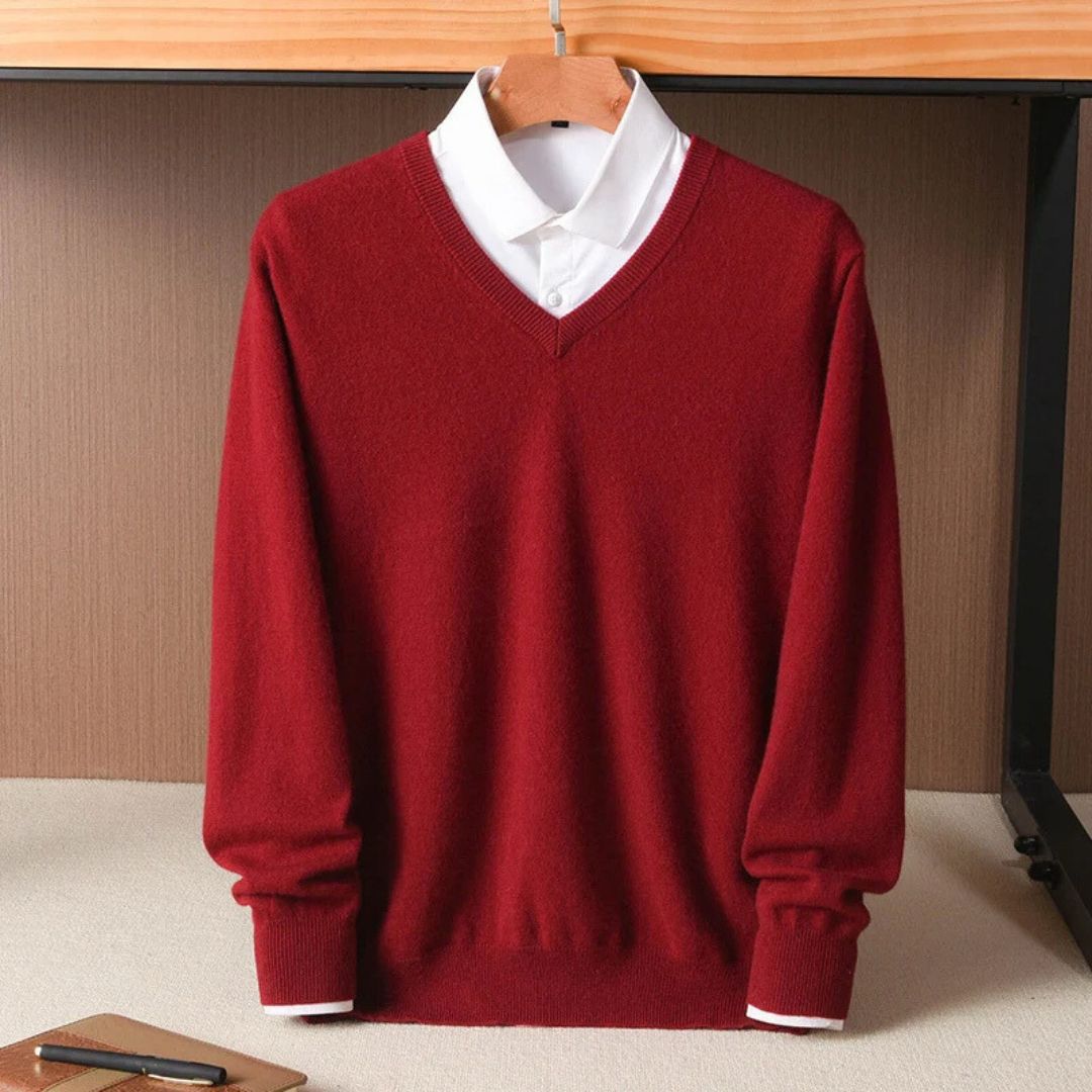 Weißer Herren V-Ausschnitt Langarmpullover aus Kaschmir-ähnlicher Merinowolle, Business Style