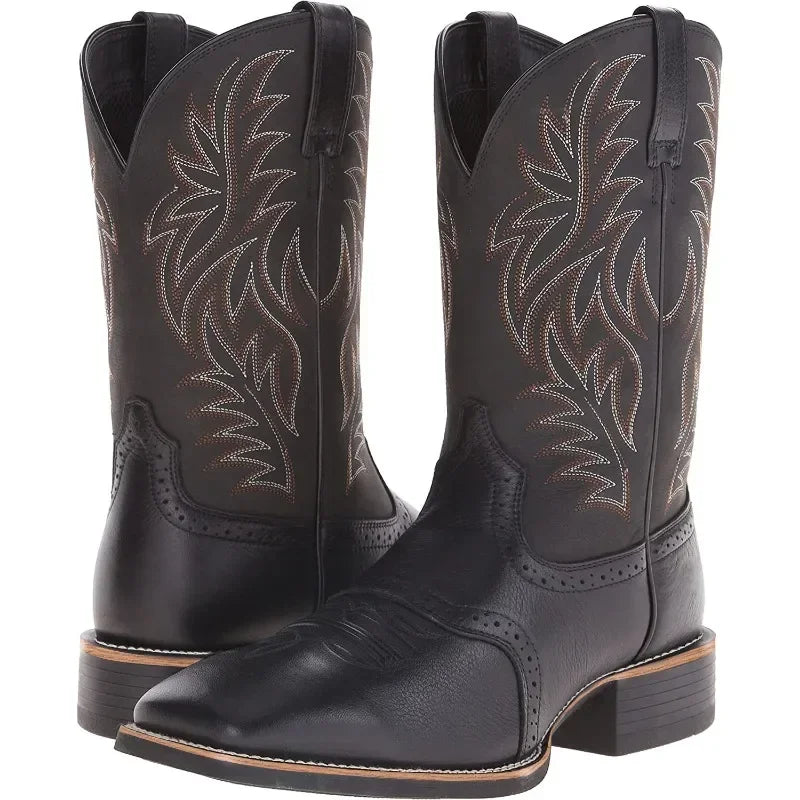 Brune, broderte herrestøvler i cowboy-stil, imitert skinn, spiss tå, komfortable og robuste