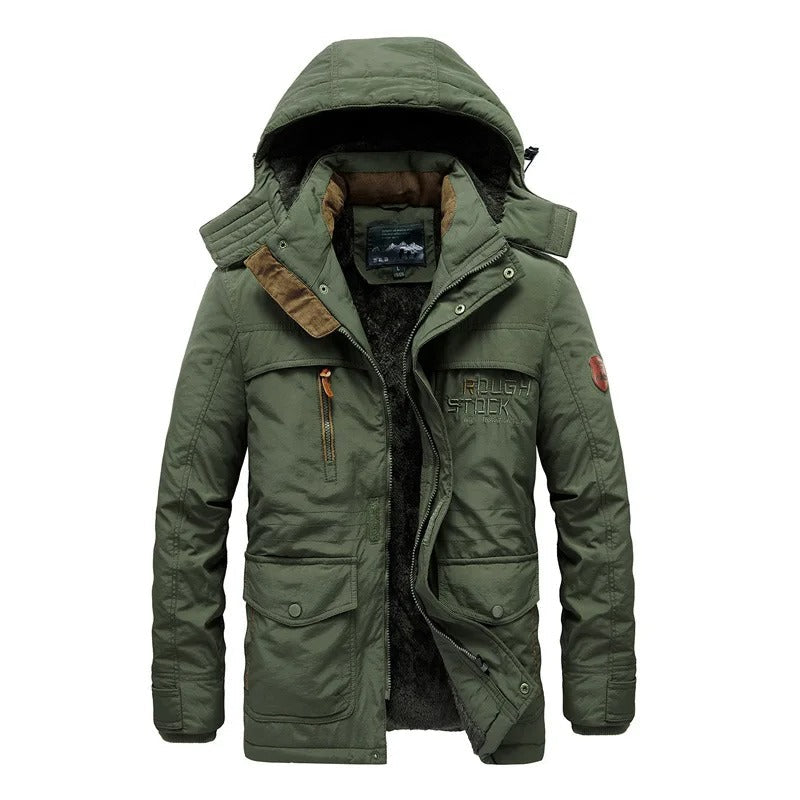 Herren-Winterjacke in schwarz mit Teddyfutter, wasserdicht und winddicht, viele Taschen, im Militärstil ideal für Outdoor.