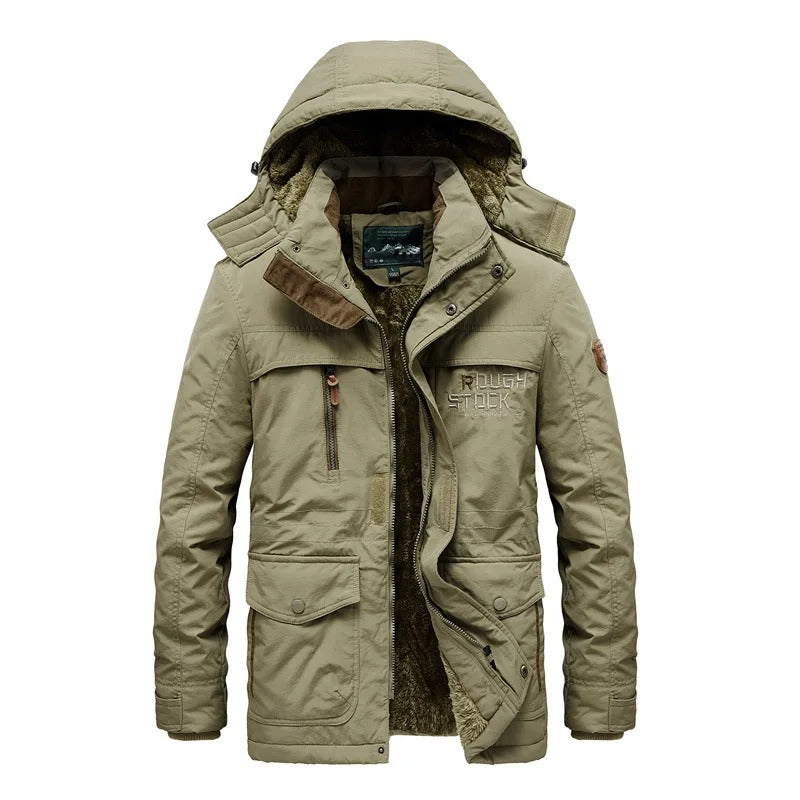 Robuste, schwarze Herren-Winterjacke mit Teddyfutter, wasserdicht und winddicht, seitliche Taschen, ideal für kalte Tage.