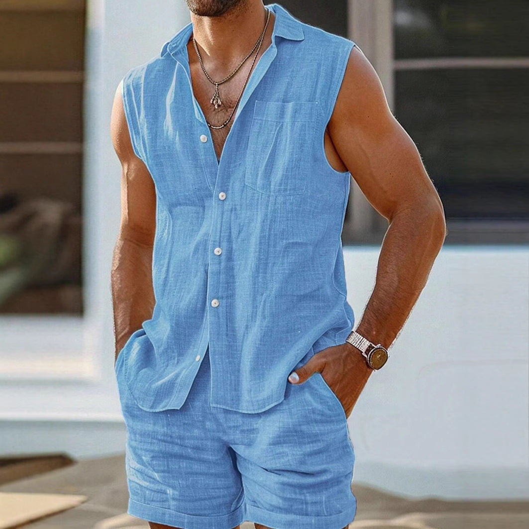 Komfortabelt herresett med kortermet skjorte og shorts, et perfekt matchingsett for varme sommerdager.