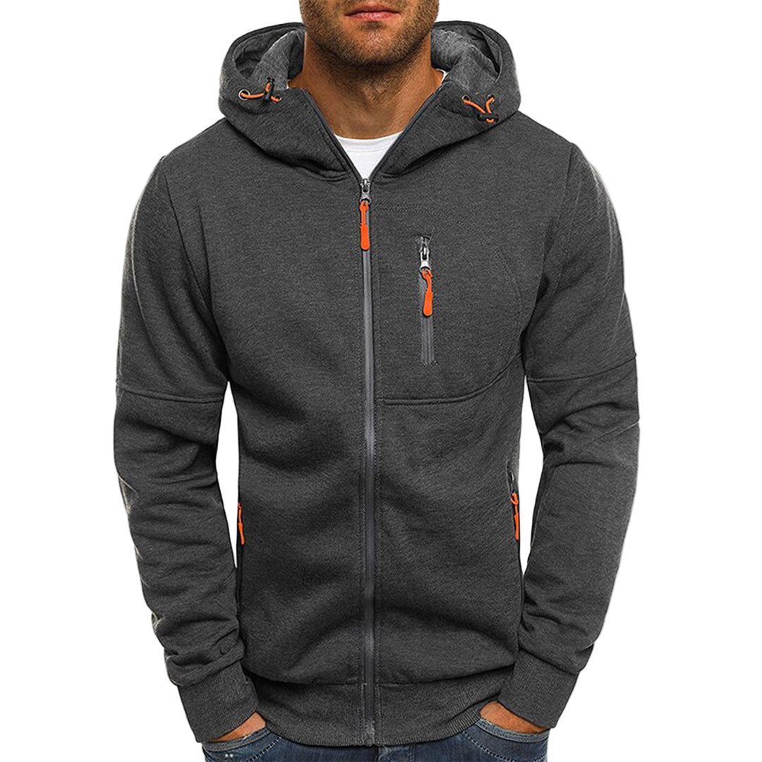 Herresweater med hette, glidelås og lommer. Perfekt for komfortabel hverdag og fritid.