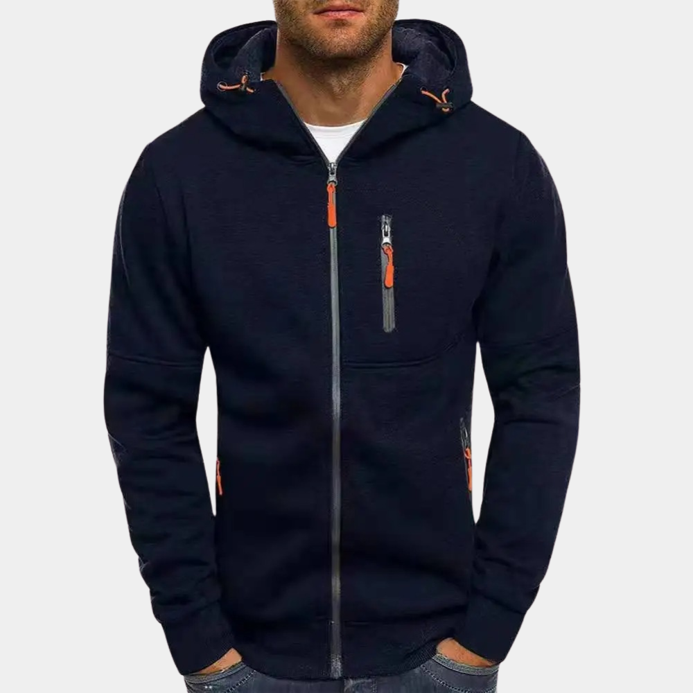 Allsidig herresweater med hette og glidelås, egnet for hverdag, sport og fritid.